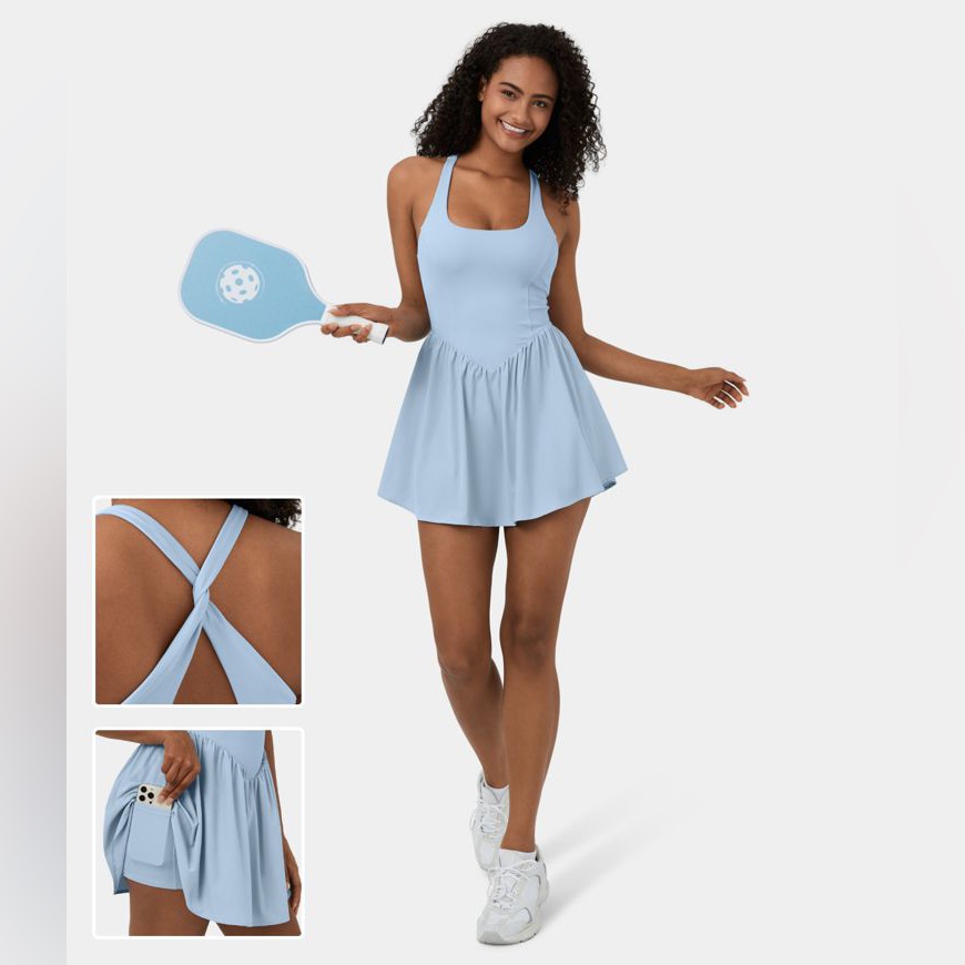 Halara Crisscross Twisted Back 2-In-1 Pocket Corset Mini Quick Dry Flowy Dress